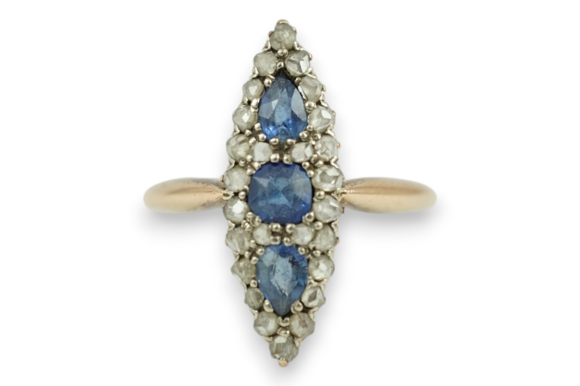 An early 20th century yellow metal, sapphire and rose cut diamond set marquise cluster ring, size Q, gross weight 2.8 grams.